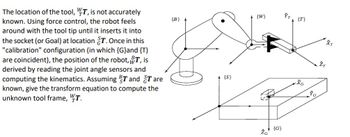 The location of the tool, VT, is not accurately
known. Using force control, the robot feels
around with the tool tip until it inserts it into
the socket (or Goal) at location ST. Once in this
"calibration" configuration (in which {G}and {T)
are coincident), the position of the robot, T, is
derived by reading the joint angle sensors and
computing the kinematics. Assuming T and Tare
known, give the transform equation to compute the
unknown tool frame, WT.
{B}
{S}
{W}
2G
{G}
ÎT
{T}
☆G
XT
2T