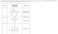 Rank the elements or compounds in the table below in decreasing order of their boiling points. That is, choose 1 next to the substance with the highest boiling
point, choose 2 next to the substance with the next highest boiling point, and so on.
chemical symbol,
chemical formula
or Lewis structure
substance
boiling point
H
:0:
..
A
Н— С
C - N -
CH,
(Choose one)
Br
CH,
CaBr,
(Choose one) v
В
CH3
CH3
-N -
Choose one)
CH3
H
н :0:
H
D
(Choose one) v
Н — С — С — С — Н
н н
H
