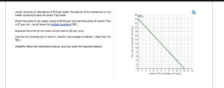 Jacob receives an allowance of $12 per week. He spends all his allowance on ice
cream cones and cans of Lemon Fizz soda.
When the price of ice cream cones is $0.50 per cone and the price of Lemon Fizz
is $1 per can, Jacob faces the budget constraint BC,'".
Suppose the price of ice cream cones rises to $2 per cone.
Use the line drawing tool to draw in Jacob's new budget constraint. Label this line
'BC₂.
Carefully follow the instructions above, and only draw the required objects.
Ice cream (number of cones)
20-7801
24-
22-
20
18-
16-
14-
12-
10-
8-
6-
4-
24
9 10 11 12 13 14
Lemon Fizz (number of cans)