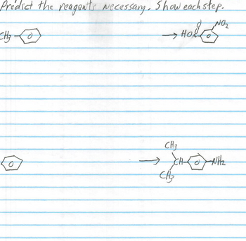 Predict the reagents Necessary, Show each step.
NO₂
HORLO
CH₂O
0
CH3
CH-
CA₂
WH₂