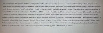 The accompanying data gives the results of a survey on the number of hours spent online per week on a certain social networking website. Determine if the
mean number of hours spent online per week is the same for males as it is for females. Assume that the population variances are unequal. Gender, Hours online/
week, Gender, Hours online/week Female 4 Male 7 Female 10 Male 15 Female 8 Male 5 Female 4 Male 3 Female 7 Male 5 Female 12 Male 5 Female 2 Male 10
Female 7 Male 4 Female 2 Male 5 Female 6 Male 9 Female 8 Male 6 Female 4 Male 3 Female 5 Male 6 Female 5 Female 9 Female 12 Female 1 Female 8 Female
1 Female 7 Is there sufficient evidence at the 0.05 level of significance that the mean number of hours spent online per week is the same for males as it is for
females? Determine the null hypothesis, H Subscript 0, and the alternative hypothesis, H Subscript 1. Let females be population 1 and males be population 2. H
Subscript 0: H Subscript 1: (Type integers or decimals. Do not round.) Compute the test statistic. ? Round to two decimal places as needed.) Find the p - value
for the test. (Round to three decimal places as needed.) State the conclusion. The p - value is _ the chosen value of alpha, so _ the null hypothesis. There is _
evidence to conclude that the mean number of hours spent online per week for males is different than for females.