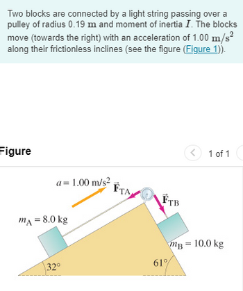 Two blocks are connected by a light string passing over a
pulley of radius 0.19 m and moment of inertia I. The blocks
move (towards the right) with an acceleration of 1.00 m/s²
along their frictionless inclines (see the figure (Figure 1)).
Figure
a = 1.00 m/s²
mA = 8.0 kg
32°
FTA
FTB
< 1 of 1
MB = 10.0 kg
61%