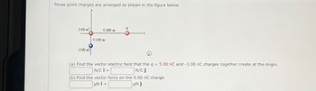 Three point charges are arranged as shown in the figure below.
5.00 nC
-3.00 nC
0.300 m
0.100 m
9
(a) Find the vector electric field that the q = 5.00 nC and -3.00 nC charges together create at the origin.
N/CI+
N/CĴ
(b) Find the vector force on the 5.00 nC charge.
UN Î+
μN Ĵ