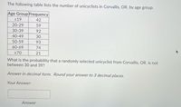 The following table lists the number of unicyclists in Corvallis, OR. by age group.
Age Group Frequency
<19
42
20-29
59
30-39
92
40-49
30
50-59
93
60-69
74
270
21
What is the probability that a randomly selected unicyclist from Corvallis, OR. is not
between 30 and 39?
Answer in decimal form. Round your answer to 3 decimal places.
Your Answer:
Answer
