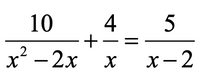 The equation displayed is:

\[ \frac{10}{x^2 - 2x} + \frac{4}{x} = \frac{5}{x - 2} \]

This is a rational equation consisting of three fractional terms, each with polynomial expressions in their denominators. The goal is often to find the values of \( x \) that satisfy this equality. 

- The first term is the fraction \(\frac{10}{x^2 - 2x}\).
- The second term is \(\frac{4}{x}\).
- The right side of the equation is \(\frac{5}{x - 2}\).

To solve this equation, one approach is to find a common denominator and eliminate the fractions. Consider the restrictions on \( x \) to avoid division by zero.