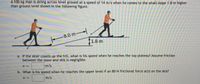 A 100-kg man is skiing across level ground at a speed of 14 m/s when he comes to the small slope 1.8 m higher
than ground level shown in the following figure.
-8.0 m-
1.8 m
a. If the skier coasts up the hill, what is his speed when he reaches the top plateau? Assume friction
between the snow and skis is negligible.
m/s
b. What is his speed when he reaches the upper level if an 80-N frictional force acts on the skis?
m/s
