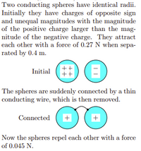 Two conducting spheres have identical radii.
Initially they have charges of opposite sign
and unequal magnitudes with the magnitude
of the positive charge larger than the mag-
nitude of the negative charge. They attract
each other with a force of 0.27 N when sepa-
rated by 0.4 m.
(E)
Initial
++
The spheres are suddenly connected by a thin
conducting wire, which is then removed.
Connected
Now the spheres repel each other with a force
of 0.045 N.
