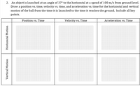 2. An object is launched at an angle of 37° to the horizontal at a speed of 100 m/s from ground level.
Draw a position vs. time, velocity vs. time, and acceleration vs. time for the horizontal and vertical
motion of the ball from the time it is launched to the time it reaches the ground. Include all key
points.
Position vs. Time
Velocity vs. Time
Acceleration vs. Time
Vertical Motion
Horizontal Motion
