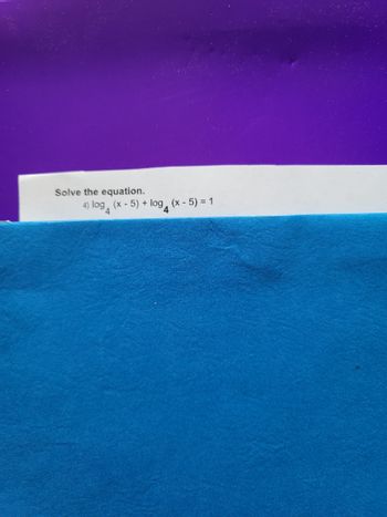 ### Problem Statement

**Solve the equation:**

\[
4 \log_4 (x - 5) + \log_4 (x - 5) = 1
\] 

### Explanation

This is a logarithmic equation where the base of the logarithm is 4. We need to find the value of \( x \) that satisfies the equation. 

### Steps to Solve

1. **Combine the logarithmic terms:**

   Since both terms have the same base and argument, they can be combined:

   \[
   (4 + 1) \log_4 (x - 5) = 1
   \]

   Simplifies to:

   \[
   5 \log_4 (x - 5) = 1
   \]

2. **Simplify the equation:**

   Divide both sides by 5:

   \[
   \log_4 (x - 5) = \frac{1}{5}
   \]

3. **Convert the logarithmic equation to an exponential form:**

   \[
   x - 5 = 4^{\frac{1}{5}}
   \]

4. **Solve for \( x \):**

   \[
   x = 4^{\frac{1}{5}} + 5
   \]

5. **Final Solution:**

   The solution is \( x = 4^{\frac{1}{5}} + 5 \).

This equation solving technique involves understanding both logarithmic properties and converting different forms of equations.