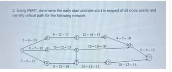 2. Using PERT, determine the early start and late start in respect of all node points and
identify critical path for the following network:
3-6-10
6-7-123
7-9-12
8-12-17
10-12-15
8-13-18
5
(6
12-14-15
8
13-16-19
10-13-17
4-7-10
10-12-14
6-8-12
1