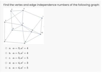 Find the vertex and edge independence numbers of the following graph:
O a. a = 3, a' = 4
O b. a = 5, a' = 4
==
O c. a = 3, a' = 5
O d. a = 4, a' = 3
O e. a = 4, a' = 5