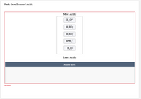 Rank these Bronsted Acids.
Most Acidic
H,O+
H;PO4
H,PO,
HPO,
-2
H,O
Least Acidic
Answer Bank
Incorrect
