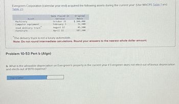 Evergreen Corporation (calendar year-end) acquired the following assets during the current year: (Use MACRS Table 1 and
Table 2.)
Asset
Machinery
Computer equipment
Used delivery truck
Furniture
Date Placed in
Service
October 25
Original
Basis
$ 100,000
February 3
32,500
August 17
April 22
45,500
187,500
*The delivery truck is not a luxury automobile.
Note: Do not round intermediate calculations. Round your answers to the nearest whole dollar amount.
Problem 10-53 Part b (Algo)
b. What is the allowable depreciation on Evergreen's property in the current year if Evergreen does not elect out of bonus depreciation
and elects out of $179 expense?
Depreciation