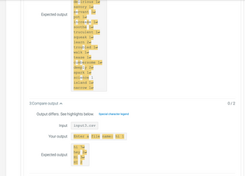 Expected output
3:Compare output
Input
Output differs. See highlights below. Special character legend
Your output
delirious l
savory 1
servant lª
pot 1
increase lª
soothe 1ª
truculent lª
squeak 1
learn 2
troubled l
walk 1
tease 1
cumbersome 1
Expected output
deeply 2-
spark 1
science 1
island 14
narrow lª
input3.csv
Enter a file name: hi 1
hi 7
hey 24
Hi 34
HI 2
0/2