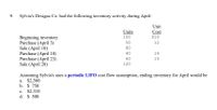 9.
Sylvia's Designs Co. had the following inventory activity during April:
Unit
Units
100
Cost
$10
Beginning inventory
Purchase (April 3)
Sale (April 10)
Purchase (April 18)
Purchase (April 23)
Sale (April 28)
50
12
80
40
14
60
15
120
Assuming Sylvia's uses a periodic LIFO cost flow assumption, ending inventory for April would be
a. $2,560
b. $ 750
c. $2,310
d. $ 500
