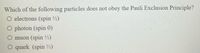 Which of the following particles does not obey the Pauli Exclusion Principle?
O electrons (spin ½)
O photon (spin 0)
O muon (spin ½)
O quark (spin ½)
