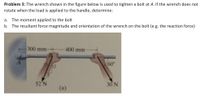 Problem 3: The wrench shown in the figure below is used to tighten a bolt at A. If the wrench does not
rotate when the load is applied to the handle, determine:
a.
The moment applied to the bolt
b. The resultant force magnitude and orientation of the wrench on the bolt (e.g. the reaction force)
300 mm
400 mm-
12
60°
52'N
30N
