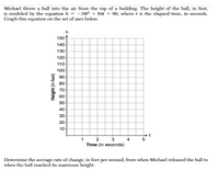 Michael threw a ball into the air from the top of a building. The height of the ball, in feet,
is modeled by the equation h = -16t2 + 64t + 60, where t is the elapsed time, in seconds.
Graph this equation on the set of axes below.
h
1501
140-
130
120-
110-
100-
90-
80-
70-
60-
50-
40-
30-
20-
10-
1
2
3
4
Time (in seconds)
Determine the average rate of change, in feet per second, from when Michael released the ball to
when the ball reached its maximum height.
Height (in feet)
