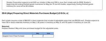 Shadee Corporation expects to sell 620 sun shades in May and 330 in June. Each shade sells for $158. Shadee's
beginning and ending finished goods inventories for May are 75 and 40 shades, respectively. Ending finished goods
inventory for June will be 60 shades.
E8-6 (Algo) Preparing Direct Materials Purchases Budget [LO 8-3c, e]
Each shade requires a total of $60.00 in direct materials that includes 4 adjustable poles that cost $10.00 each. Shadee expects to
have 130 in direct materials inventory on May 1, 90 poles in inventory on May 31, and 110 poles in inventory on June 30.
Required:
Prepare Shadee's May and June purchases budget for the adjustable poles.
Budgeted Cost of Poles Purchased
May
June