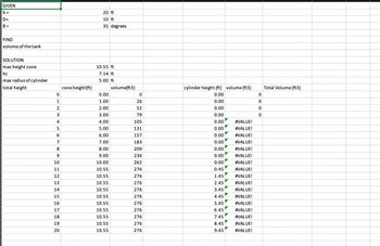 GIVEN
|h=
|D=
0=
FIND
volume of the tank
SOLUTION
max height cone
hc
max radius of cylinder
total height
0
1
2
3
4
5
6
7
8
9
10
11
12
13
14
15
16
17
18
19
20
cone height (ft)
20 ft
10 ft
35 degrees
10.55 ft
7.14 ft
5.00 ft
0.00
1.00
2.00
3.00
4.00
5.00
6.00
7.00
8.00
9.00
10.00
10.55
10.55
10.55
10.55
10.55
10.55
10.55
10.55
10.55
10.55
volume(ft3)
0
26
52
79
105
131
157
183
209
236
262
276
276
276
276
276
276
276
276
276
276
cylinder height (ft) volume (ft3)
0.00
0.00
0.00
0.00
0.00
0.00
0.00
0.00
0.00
0.00
0.00
0.45
1.45
2.45
3.45
4.45
5.45
6.45
7.45
8.45
9.45
#VALUE!
#VALUE!
#VALUE!
#VALUE!
#VALUE!
#VALUE!
#VALUE!
#VALUE!
#VALUE!
#VALUE!
#VALUE!
#VALUE!
#VALUE!
#VALUE!
#VALUE!
#VALUE!
#VALUE!
0
0
0
0
Total Volume (ft3)