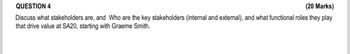 QUESTION 4
(20 Marks)
Discuss what stakeholders are, and Who are the key stakeholders (internal and external), and what functional roles they play
that drive value at SA20, starting with Graeme Smith.