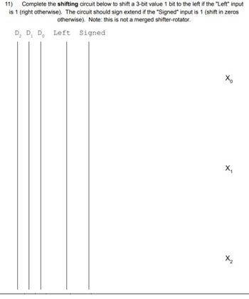 11) Complete the shifting circuit below to shift a 3-bit value 1 bit to the left if the "Left" input
is 1 (right otherwise). The circuit should sign extend if the "Signed" input is 1 (shift in zeros
otherwise). Note: this is not a merged shifter-rotator.
D₂ D₁ Do Left Signed
Xo
X₁
X₂