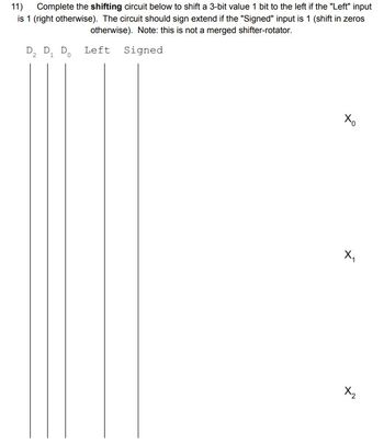 11) Complete the shifting circuit below to shift a 3-bit value 1 bit to the left if the "Left" input
is 1 (right otherwise). The circuit should sign extend if the "Signed" input is 1 (shift in zeros
otherwise). Note: this is not a merged shifter-rotator.
Left
Signed
D₂ D₁ Do
1
хо
X₁
X₂