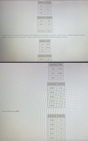 Registers Variables
$50
A
$$1
The resultant array B is:
$$2
SS0+4
Addresses Contents
S$0
A[0]
A[1]
Ss0+4 (n-1)
B
n
Example Test: If the values of Ss1 through $57 are initialized in the simulator as: (Use the button under the Registers display to initialize
register values for Ss0, Ss1, $s2 and the + button under the Memory display to initialize the A array elements.)
S$2
Aln-11
Registers Data
$$0
$$1
4000
8000
5
Addresses Contents
4000
10
Registers Data
Ss0
Ss1
$s2
4000
4004
Addresses Contents
10
4008
4012
4016
8004
8008
4000
8012
8000
8016
5
5
Addresses Contents
8000
10
-5
2
0
15
10
8
8