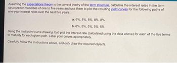 Assuming the expectations theory is the correct thedry of the term structure, calculate the interest rates in the term
structure for maturities of one to five years and use them to plot the resulting yield curves for the following paths of
one-year interest rates over the next five years.
a. 6%, 8%, 8%, 8%, 8%
b. 6%, 5%, 5%, 5%, 5%
Using the multipoint curve drawing tool, plot the interest rate (calculated using the data above) for each of the five terms
to maturity for each given path. Label your curves appropriately.
Carefully follow the instructions above, and only draw the required objects.