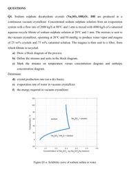 QUESTIONS
Q1. Sodium sulphate decahydrate crystals (NażSO4.10H2O), DH are produced in a
continuous vacuum crystallizer. Concentrated sodium sulphate solution from an evaporation
system with a flow rate of 2000 kg/h at 80°C and 1 atm is mixed with 4000 kg/h of a saturated
aqueous recycle filtrate of sodium sulphate solution at 20°C and 1 atm. The mixture is sent to
the vacuum crystallizer, operating at 20°C and 50 mmHg, to produce water vapor and magma
of 25 wt% crystals and 75 wt% saturated solution. The magma is then sent to a filter, from
which filtrate is recycled.
a) Draw a block diagram of the process.
b) Define the streams and units in the block diagram.
c) Mark the streams on temperature versus concentration diagram and enthalpy
concentration diagram.
Determine:
d) crystal production rate (on a dry basis).
e) evaporation rate of water in vacuum crystallizer.
f) the energy required in vacuum crystallizer.
120
100
80
60
Na, so, + solution
solution
40
20
Na, so, 10H,O + solution
4
-20
0.1
0.2
0.3
0.4
0.5
0.6
Concentration of Na, SO,, kg Na,SO /kg solution
4"
Figure Q1-a. Solubility curve of sodium
sulfate in water.
Temperature, °c
