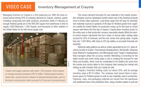 VIDEO CASE
Inventory Management at Crayola
Managing inventory at Crayola is a fine balancing act. With the back-to-
school period driving 42% of company demand for crayons, markers, paints,
modeling compounds and other products, production starts in February so
enough finished goods are in the 800,000 square foot warehouse in time to
supply 3,600 Walmarts, 1,400 Targets, and thousands of other retailers in
the United States for the fall school supply rush.
This means demand forecasts for raw materials in the master produc-
tion schedule must be developed months before any of the finished products
move to those retail customers. Lead times range from 60 days for domestic
raw materials sources to upwards of 90 days for finished goods from suppli-
ers outside the United States. As production ramps up for the back-to-school
season well before the first day of classes, Crayola plans inventory levels for
the entire year so that production remains reasonably steady. While the back-
to-school season represents the lion's share of annual sales, holiday sales
account for 35% of revenues, and the rest comes from spring sales. Crayola
has over 1,500 SKUS, with close to 225 top sellers, so accurate forecasts are
essential.
Historical sales patterns as well as orders generated by its U.S. sales di-
visions located in Easton, Pennsylvania (headquarters), Bentonville, Arkansas
(near Walmart's headquarters), and Minneapolis (near Target's headquarters)
help managers attain the accuracy needed. Marketing co-branding for the
latest movies and comic books plays a role in creating the forecast for new
SKUS and bundles, which must be coordinated to hit retailers the same time
the movies and comics debut or the company risks missing the market and
ending up with inventory that can't easily be sold.
Crayola's inventory holding costs run about 25%, and its average
inventory value is $110 million. The company must assure there is ware-
house space for finished goods as well as raw materials used in production.
Pigments, clays, and packaging materials are moved from the warehouse
and positioned close to the production lines, using a Kanban system to pull raw
Crayola must supply customers with nearly 1,500 products, which requires
an average inventory investment of $110 million. Finished goods inventory,
shown here, must be stored in advance of seasonal demand peaks, such as
the back-to-school period, which accounts for 42 percent of annual demand.
