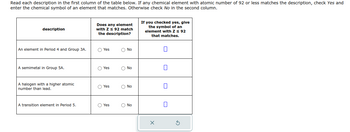 Read each description in the first column of the table below. If any chemical element with atomic number of 92 or less matches the description, check Yes and
enter the chemical symbol of an element that matches. Otherwise check No in the second column.
description
An element in Period 4 and Group 3A.
A semimetal in Group 5A.
A halogen with a higher atomic
number than lead.
A transition element in Period 5.
Does any element
with Z≤ 92 match
the description?
O Yes
Yes
Yes
O Yes
O No
O No
O No
O No
If you checked yes, give
the symbol of an
element with Z ≤ 92
that matches.
X
5