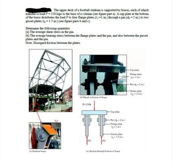 The upper deck of a football stadium is supported by braces, each of which
transfers a load P = 150 kips to the base of a column (see figure part a). A cap plate at the bottom
of the brace distributes the load P to four flange plates (t-1 in.) through a pin (d, = 2 in.) to two
gusset plates (t = 1.5 in.) (see figure parts b and c).
Determine the following quantities:
(a) The average shear stress in the pin
(b) The average bearing stress between the flange plates and the pin, and also between the gusset
plates and the pin
Note: Disregard friction between the plates.
(a) Stadium brace
元
(b) Detail at bottom of brace
P=150k
P12
P12
Cap plate
-Pin (dp-2 in.)
-Flange plate
(y=1 in.)
Gusset plate
(1g=1.5 in.)
(c) Section through bottom of brace
Cap plate
Flange plate
(y=1 in.)
Pin (dp-2 in.)
Gusset plate
(g-1.5 in.)