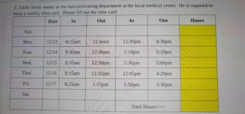 3. Eddie Irwin works in the data processing department at the local medical center. He is required to
keep a weekly time card. Please fill out the time card
Date
Out
Sun.
Mon.
Tues.
Wed.
Thur.
Fri.
Sat.
12/13
In
12/14
8:15am
12:30pm
12/15 8:35am
12:50pm
12/16 8:15am 12:10pm
1:15pm
8:30am
12 noon
12/17 8:25am
In
12:30pm
1:10pm
1:30pm
12:45pm
1:50pm
Out
4:30pm
5:10pm
5:00pm
4:20pm
5:30pm
Total Hours>>>
Hours