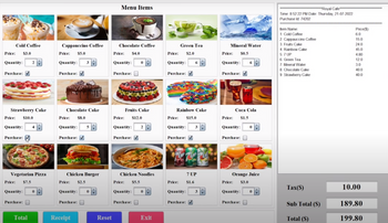 **Menu Items Overview:**

1. **Cold Coffee**
   - Price: $3.00
   - Quantity: 2
   - Purchased: Yes

2. **Cappuccino Coffee**
   - Price: $5.00
   - Quantity: 3
   - Purchased: Yes

3. **Chocolate Coffee**
   - Price: $4.00
   - Quantity: 0
   - Purchased: No

4. **Green Tea**
   - Price: $2.00
   - Quantity: 6
   - Purchased: Yes

5. **Mineral Water**
   - Price: $0.5
   - Quantity: 6
   - Purchased: Yes

6. **Strawberry Cake**
   - Price: $10.00
   - Quantity: 4
   - Purchased: Yes

7. **Chocolate Cake**
   - Price: $8.00
   - Quantity: 5
   - Purchased: Yes

8. **Fruits Cake**
   - Price: $12.00
   - Quantity: 2
   - Purchased: Yes

9. **Rainbow Cake**
   - Price: $15.00
   - Quantity: 3
   - Purchased: Yes

10. **Coca Cola**
    - Price: $1.50
    - Quantity: 0
    - Purchased: No

11. **Vegetarian Pizza**
    - Price: $7.50
    - Quantity: 0
    - Purchased: No

12. **Chicken Burger**
    - Price: $2.50
    - Quantity: 0
    - Purchased: No

13. **Chicken Noodles**
    - Price: $5.50
    - Quantity: 0
    - Purchased: No

14. **7 UP**
    - Price: $1.60
    - Quantity: 3
    - Purchased: Yes

15. **Orange Juice**
    - Price: $3.00
    - Quantity: 0
    - Purchased: No

**Receipt Summary:**

- Time: 8:52:22 PM
- Date: Thursday, 21-07-2022
- Purchase ID: 74202

**Purchased Items Details:**

1. Cold Coffee: $6.00
2. Cappuccino Coffee: $15.00
3