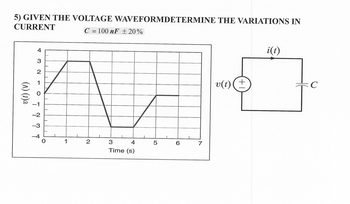 5) GIVEN THE VOLTAGE
CURRENT
v(t) (V)
T3NTOT ? ? T
-3
0
1
WAVEFORMDETERMINE THE VARIATIONS IN
C = 100 nF ± 20%
2
3
4
Time (s)
5
6
1
v(t) +
i(t)