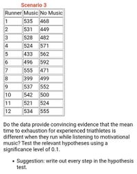 Scenario 3
Runner Music No Music
1
535
468
2
531
449
528
482
4
524
571
433
562
496
592
7
555
471
8
399
499
537
552
10
542
500
11
521
524
12
534
555
Do the data provide convincing evidence that the mean
time to exhaustion for experienced triathletes is
different when they run while listening to motivational
music? Test the relevant hypotheses using a
significance level of 0.1.
Suggestion: write out every step in the hypothesis
test.
3.
6.

