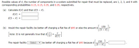 Possible values of X, the number of components in a system submitted for repair that must be replaced, are 1, 2, 3, and 4 with
corresponding probabilities 0.15, 0.15, 0.35, and 0.35, respectively.
(a) Calculate E(X) and then E(5 – X).
E(X)
=
E(5 - X)
(b) Would the repair facility be better off charging a flat fee of $95 or else the amount $
150
?
[(5 - X)]
Note: It is not generally true that E.
E(Y)
150
The repair facility
-Select--- v be better off charging a flat fee of $95 because E
(5 - X)
