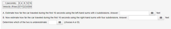 t (seconds) 0 4 8 12 16
Velocity (ft/sec) 0 11 22 43 69
A. Estimate how far the car traveled during the first 16 seconds using the left-hand sums with 4 subdivisions. Answer:
B. Now estimate how far the car traveled during the first 16 seconds using the right-hand sums with four subdivisions. Answer:
Determine which of the two is underestimate:
#
(choose A or B)
feet
feet