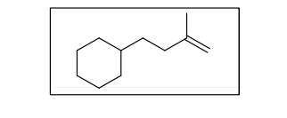 The image shows the chemical structure of the molecule 4-methylcyclohexene. 

**Description:**

- **Cyclohexane Ring:** The diagram begins with a six-membered carbon ring, known as a cyclohexane. It’s represented as a hexagon.

- **Double Bond:** There is a single double bond extending from the cyclohexane to form an alkene, indicated by two parallel lines, showing unsaturation in the molecule.

- **Methyl Group:** Attached to the carbon adjacent to the double bond is a methyl group (CH₃), represented by a line extending from the ring to a connected "V" shape.

This structure illustrates an organic compound that is part of the alkene family, characterized by the presence of a carbon-carbon double bond, and is specifically substituted with a methyl group.