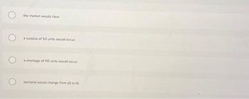 the market would clear.
a surplus of 50 units would occur.
a shortage of 110 units would occur
demand would change from (2) to (1)