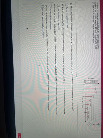 The graph of the discrete probability to the right represents the
number of live births by a mother 42 to 46 years old who had a
live birth in 2015. Complete parts (a) through (d) below.
(...)
A
0.30-
0.25-
0.20-
0.15-
0.10-
0.05-
0.00-
0.232
1
0.270
2
0.472
0.114 0.098
0.021 0.039 0.054
?
3
4 5
Number of Live Births
6
8
(a) What is the probability that a randomly selected 42- to 46-year-old mother who had a live birth in 2015 has had her fourth live birth in that year?
(Type an integer or a decimal.)
(b) What is the probability that a randomly selected 42- to 46-year-old mother who had a live birth in 2015 has had her fourth or fifth live birth in that year?
(Type an integer or a decimal.)
(c) What is the probability that a randomly selected 42- to 46-year-old mother who had a live birth in 2015 has had her sixth or more live birth in that year?
(Type an integer or a decimal.)
(d) If a 42- to 46-year-old mother who had a live birth in 2015 is randomly selected, how many live births would you expect the mother to have had?
(Round to one decimal place as needed.)
Q
Ne