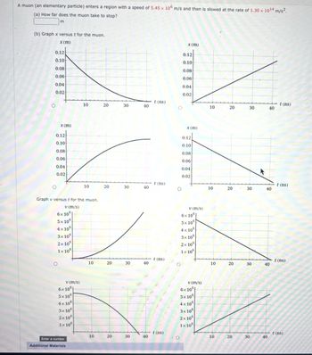 A muon (an elementary particle) enters a region with a speed of 5.45 x 106 m/s and then is slowed at the rate of 1.30 x 1014 m/s².
(a) How far does the muon take to stop?
m
(b) Graph x versus t for the muon.
x (m)
0.12
0.10
0.08
0.06
0.04
0.02
O
0.12
0.10
0.08
0.06
0.04
0.02
O
x (m)
Graph v versus t for the muon.
v (m/s)
6x106
5x10
4x10
3x106
2x106
O
1x106
10
v (m/s)
6x10
5x10
4x106
3x106
2x106
1x106
10
Enter a number.
Additional Materials
10
20
10
20
20
30
20
30
6x 10p
5x10
LL
4x106
3x10
2x10
1x106
t (ns)
30
40
30
40
40
t (ns)
40
t (ns)
t (ns)
O
x (m)
0.12
0.10
0.08
0.06
0.04
0.02
O
x (m)
0.12
0.10
0.08
0.06
0.04
0.02
v (m/s)
v (m/s)
6x10
5x10
4x106
3x106
2x106
1x106
10
10
10
20
10
20
20
30
20
30
30
30
-t (ns)
40
40
40
40
t (ns)
t (ns)
t (ns)