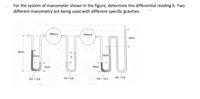 For the system of manometer shown in the figure, determine the differential reading h. Two
different manometry are being used with different specific gravities.
Water A
Water B
46cm
60om
20cim
16cm
20cm
số - 136
SG = 0.8
sG- 136
