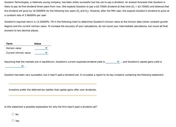 Goodwin Technologies, a relatively young company, has been wildly successful but has yet to pay a dividend. An analyst forecasts that Goodwin is
likely to pay its first dividend three years from now. She expects Goodwin to pay a $3.75000 dividend at that time (D, = $3.75000) and believes that
the dividend will grow by 19.50000% for the following two years (D and D₂). However, after the fifth year, she expects Goodwin's dividend to grow at
a constant rate of 3.96000% per year.
Goodwin's required return is 13.20000%. Fill in the following chart to determine Goodwin's horizon value at the horizon date (when constant growth
begins) and the current intrinsic value. To increase the accuracy of your calculations, do not round your intermediate calculations, but round all final
answers to two decimal places.
Term
Horizon value
Current intrinsic value
Assuming that the markets are in equilibrium, Goodwin's current expected dividend yield is
Value
Goodwin has been very successful, but it hasn't paid a dividend yet. It circulates a report to its key investors containing the following statement:
Investors prefer the deferred tax liability that capital gains offer over dividends.
Is this statement a possible explanation for why the firm hasn't paid a dividend yet?
No
Yes
, and Goodwin's capital gains yield is