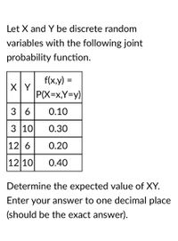 Let X and Y be discrete random
variables with the following joint
probability function.
f(x,y) =
XY
P(X=x,Y=y)
3 6
0.10
3 10
0.30
12 6
0.20
12 10
0.40
Determine the expected value of XY.
Enter your answer to one decimal place
(should be the exact answer).
