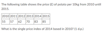 The following table shows the price (£) of potato per 10kg from 2010 until
2015.
2010 2011 2012 2013 2014 2015
55 57 62 70
83
85
What is the single price index of 2014 based in 2010? (1 d.p.)