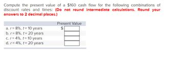 **Present Value Calculation Exercise**

Compute the present value of a $160 cash flow for the following combinations of discount rates and times: **(Do not round intermediate calculations. Round your answers to 2 decimal places.)**

| Present Value |
|---------------|
| a. \( r = 8\%, \, t = 10 \, \text{years} \) |
| b. \( r = 8\%, \, t = 20 \, \text{years} \) |
| c. \( r = 4\%, \, t = 10 \, \text{years} \) |
| d. \( r = 4\%, \, t = 20 \, \text{years} \) |

In this exercise, you will use the concept of present value to determine the current worth of a future cash flow. The present value is calculated using the formula:

\[ PV = \frac{FV}{(1 + r)^t} \]

where \( PV \) is the present value, \( FV \) is the future value ($160 in this case), \( r \) is the discount rate, and \( t \) is the time in years.

**Instructions:**
1. Use the formula to calculate the present value for each scenario.
2. Ensure intermediate calculations are not rounded.
3. Provide your final answers rounded to two decimal places.