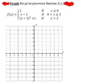 Graph the given piecewise function f(x)
f(x)
7
E
=
5
A
x-1
(x - 2)² +1
3
in
5
++
o+
2+
0
*
3
if
x ≤ 0
if 0 < x≤ 2
if
x > 2
4 4
3
X