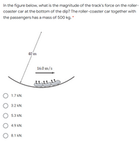 In the figure below, what is the magnitude of the track's force on the roller-
coaster car at the bottom of the dip? The roller-coaster car together with
the passengers has a mass of 500 kg. *
40 m
16.0 m/s
1.7 kN.
3.2 kN.
5.3 kN.
4.9 kN.
8.1 kN.
